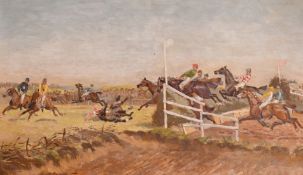 20th Century English Provincial School, a steeplechase, oil on board, 15