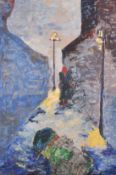 Manner of Jack Butler Yeats, a lady in an alley with a hunched figure in the foreground, oil on