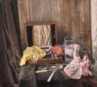 Georges Weissbort (1928-2013), still life with cutlery and fabrics, oil on canvas laid onto board,