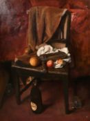 Georges Weissbort (1928-2013), still life of fruit and vintage football clacker on a chair, oil on