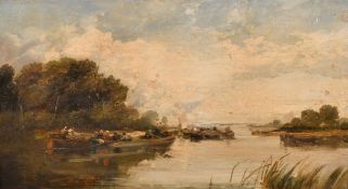 Circle of James Webb, figures in barges on the Broads, oil on canvas, 8