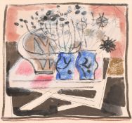 Modern British School, still life of flowers in blue pots on a table, mixed media mostly