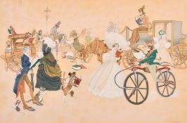 Eric Kincaid (b. 1931), elegant figure going about their daily business reading books, watercolour