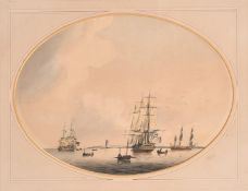 Attributed to Samuel Atkins, rowing boats approaching naval vessels, watercolour, 10