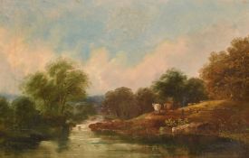 19th Century English School, cattle in a river landscape, oil on canvas, indistinctly signed, 16