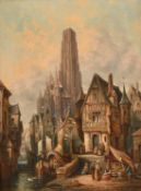 Henry Schafer (1833-1916), a pair of scenes of figures in Continental market squares, oil on canvas,