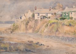 Samuel John Lamorna Birch (1869-1955), a view of cottages on a harbour wall, watercolour, signed,