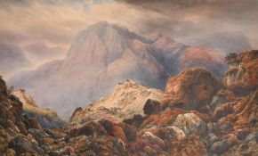 Late 19th Century, cattle resting on a rocky Highland hillside, watercolour, 21.5