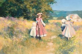 Dianne Flynn (b. 1939), children on a country walk through wildflowers, oil on canvas, signed, 16