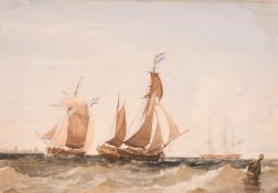 19th Century English School - Watercolour - Two Dutch sailing vessels and a man of war passing the