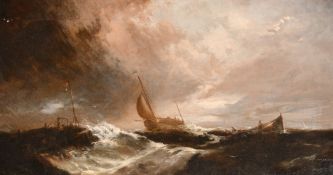 19th Century English School, ships approaching a harbour under stormy skies, oil on canvas, 12