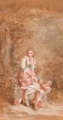 French School, 19th Century, a lady in a landscape with cherubs tugging her dress, watercolour on