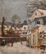 Georges Weissbort (1928-2013), a scene of figures by buildings in a winter landscape, oil on