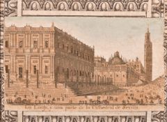 A pair of hand coloured old master prints of views of Sevilla and Parma, windows of the buildings