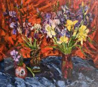 Sergei Shapovalov (b. 1948), a still life study of Irises, oil on canvas, signed and dated 2001,
