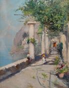 Oscar Ricciardi (1864-1935), figures overlooking the Amalfi coast, oil on panel, signed, 12