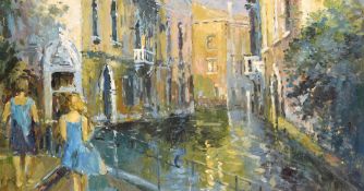 Continental School, Circa 2004, two young women on a bridge overlooking a canal, oil on canvas,