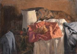 Georges Weissbort (1928-2013), still life with grapes and a whit enamel jug, oil on canvas laid