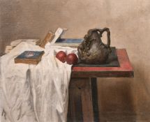 Georges Weissbort (1928-2013), still life with a bronze jug and books, oil on canvas laid onto