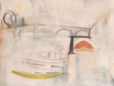 Alfred Fuchs, Circa 1970, river bridge with rowing boats tied up, lithograph, signed inscribed and