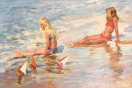 F. Garrick (20th Century), girls resting on a beach oil on canvas, 24
