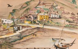 Circle of John Paddy Carstairs, landscape of a harbour village, watercolour, 13