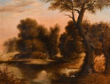 Circle of Francois Grenier, 19th Century, angler by a tree at dusk, oil on panel, 14.5