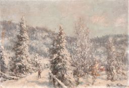 Martin Muller (20th Century), figure cross country skiing in a winter landscape, oil on canvas