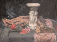 Georges Weissbort (1928-2013), still life with roses and a classical tazze, oil on canvas laid down,