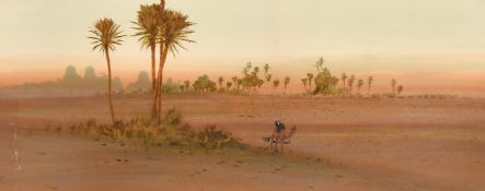 Circle of A O Lamplough, a lone camel rider by a desert oasis at sunset, watercolour, 9.25