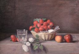 Georges Weissbort (1928-2013), a still life of fruit in a wicker basket, oil on board, 15