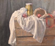 Georges Weissbort (1928-2013), a still life of a jar of pickles and tomatoes on a white cloth, oil