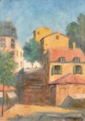 Continental School, 20th Century, figure on a pathway between buildings, oil on canvas, indistinctly