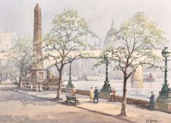 Geroge Ayling (1887-1960), figures along the Thames with St. Paul's beyond, watercolour, signed,