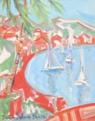 Janice Sylvia Brock (b. 1950), 'Anchorage', a view of boats in a cove, oil on canvas, signed,