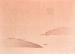 Chinese School, late 20th Century, fishing boats tied up at sunset, watercolour on silk, signed Xu