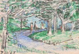 Circle of Claude Pissarro, figures on a woodland path, coloured crayons, dated 7/21/63, 4