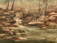 Leist, 20th century, a waterfall in a stylised landscape, oil on board, signed, 14