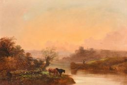Late 19th Century English School, cattle watering at dusk with Windsor beyond, oil on canvas, 16