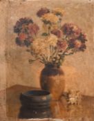 Circle of Walter Taylor, still life of chrysanthemums in a stoneware jug, oil on canvas, 23