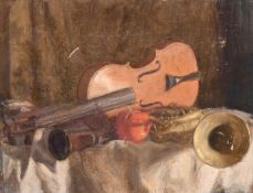 Georges Weissbort (1928-2013), still life with musical instruments, oil on canvas laid onto board,