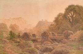 Henry Hilton (late 19th Century), wayfarer crossing a bridge in a gorge, watercolour, signed, 12.