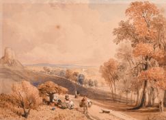 Edwin Wilkins Field (1804-1871), figures with a donkey resting in a landscape, watercolour, signed