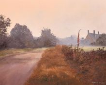 Pamela Derry (1932-2002), road leading to a country house at dusk, oil on board, signed, 16