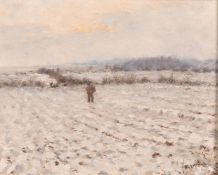 Harry Fidler (1856-1935), wayfarer in s anow covered field approaching dusk, oil on panel, 9.5