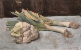 Georges Weissbort (1928-2013), still life with cauliflower and leeks, oil on canvas laid down, 8.