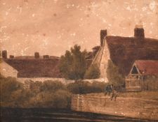 Attributed to Peter De Wint (1784-1849) - Watercolour - Boy fishing in a river from a riverbank with