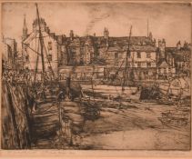 Muirhead Bone, an etching of a harbour, signed and inscribed in pencil and dedicated, plate size 6.