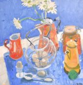 Glen Scouller (b. 1950), a still life composition with flowers in a red jug, oil on canvas,