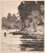 Norman Wilkinson (1878-1971), an angler and his ghillie, etching, signed in pencil, plate size 10.